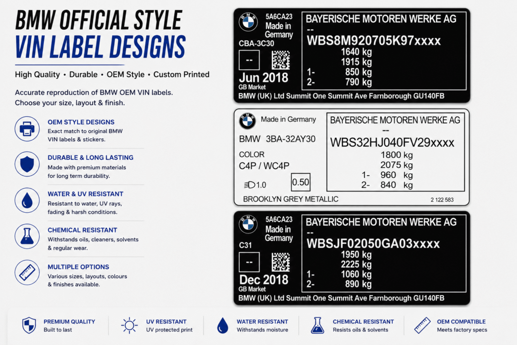 Replacement BMW VIN labels printed